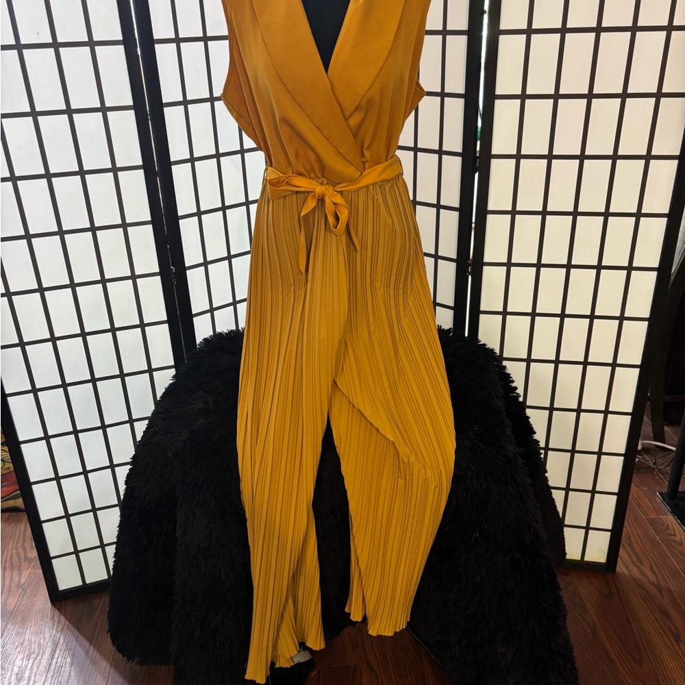 SHEIN Mustard Sleeveless Pleated Wrap Jumpsuit with Waist Tie
